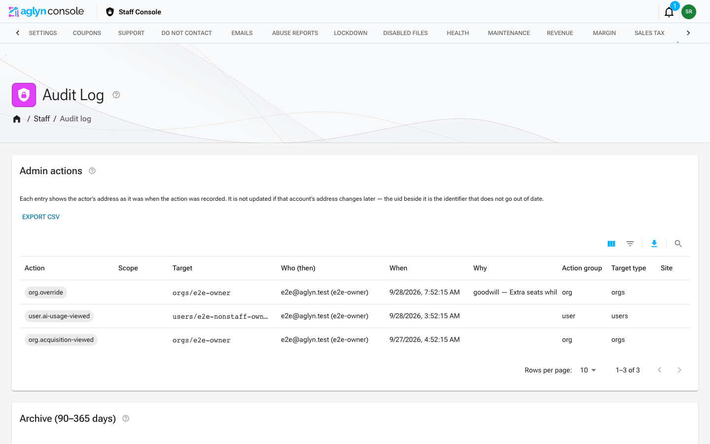 The staff Audit Log: the Admin actions table with its Action, Scope, Target, Who (then), When, Why, Action group, Target type and Site columns, under the table's Columns, Filters, Export and Search controls