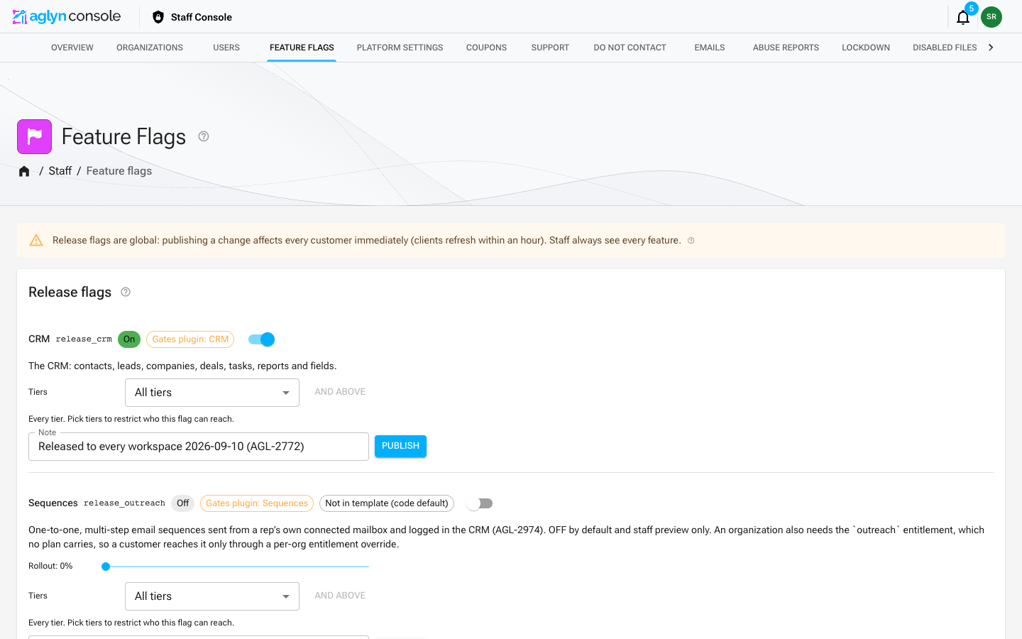 The release flags page