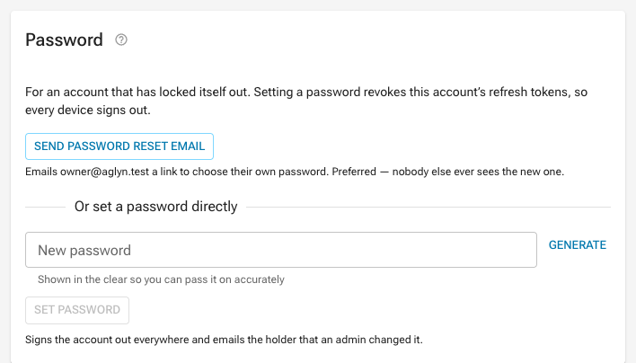 The Password card on a user's staff detail page, offering a reset email or a directly
set password