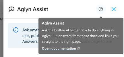 The Aglyn Assist panel header with its help tooltip open, linking to the documentation