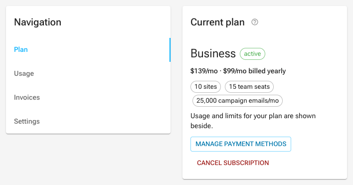 The Billing page's Plan section: the Navigation card with Plan, Usage, Invoices and Settings, beside the Current plan card with its subscription status, plan limits, and the Manage payment methods and Cancel subscription actions