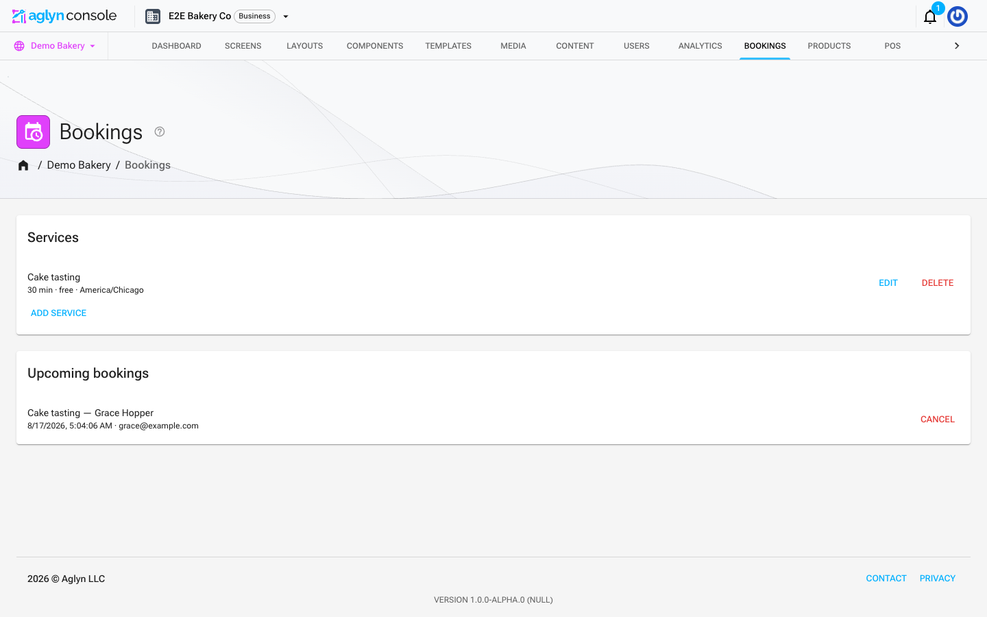 The Bookings page in the Aglyn console, with a Services card for defining bookable services and an Upcoming bookings card