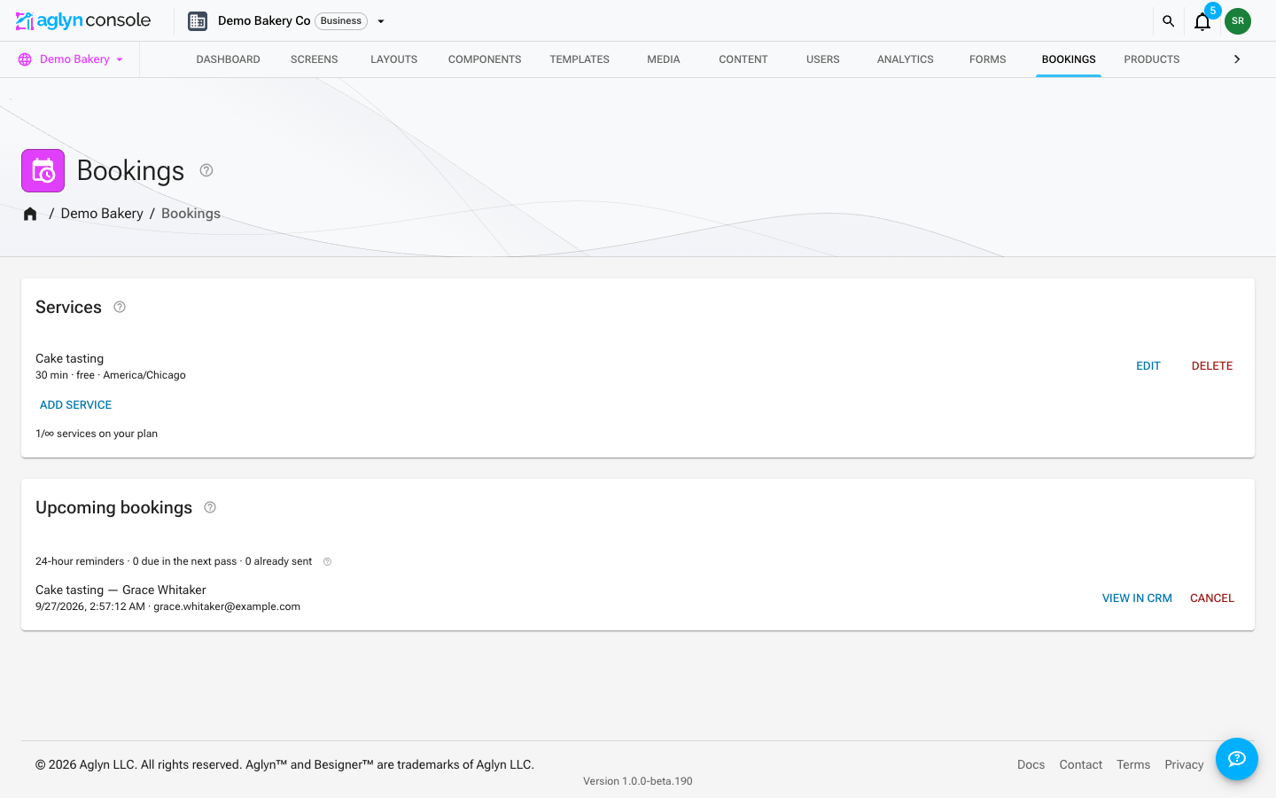 The Bookings page in the Aglyn console, with a Services card for defining bookable services and an Upcoming bookings card