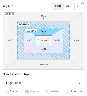 The box model diagram with margin, border, padding and contents regions labelled, one side selected, and its spacing editor open below