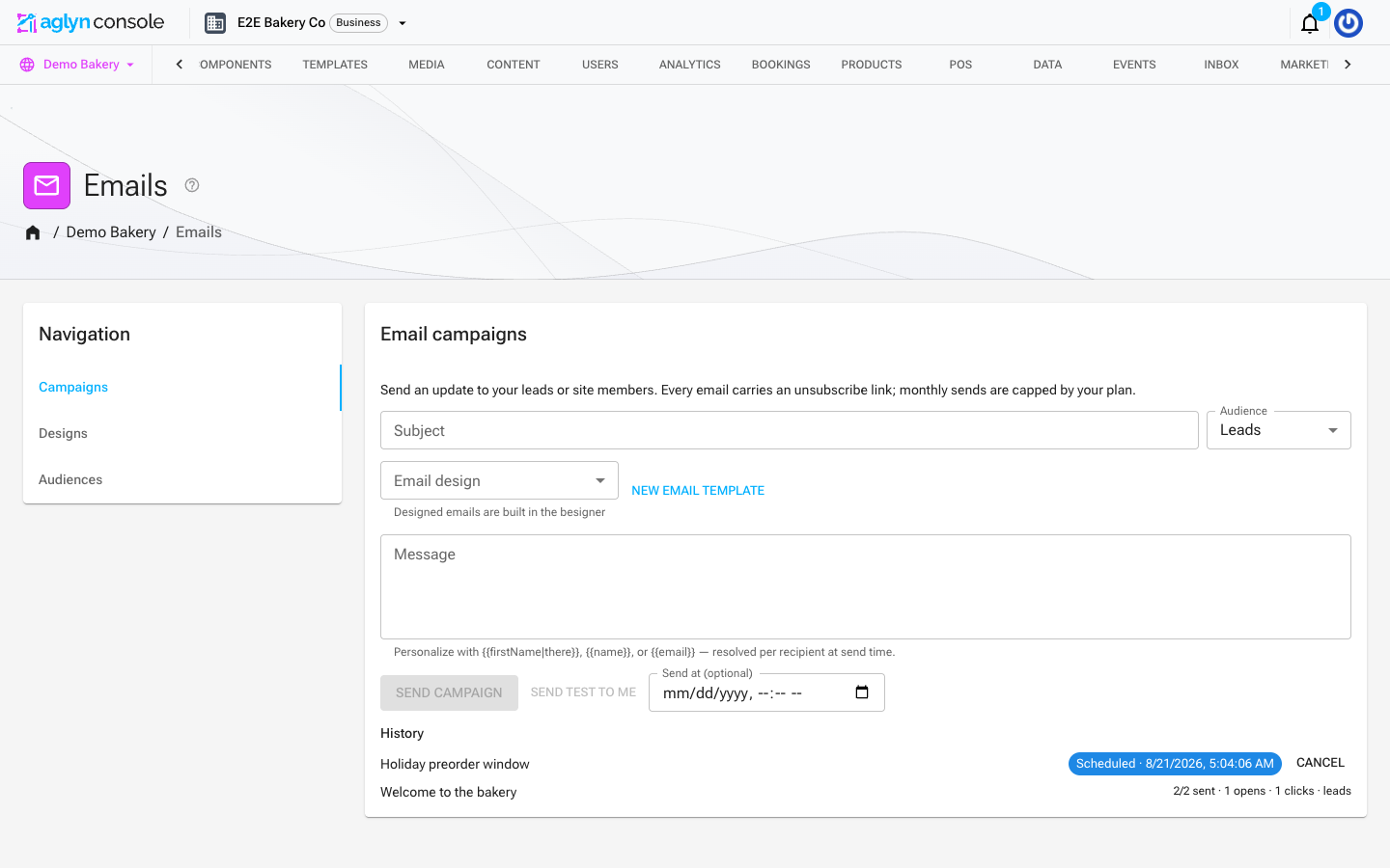 The email campaigns page with sent and scheduled sends