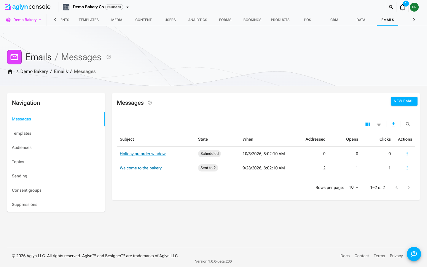 The email campaigns page with sent and scheduled sends