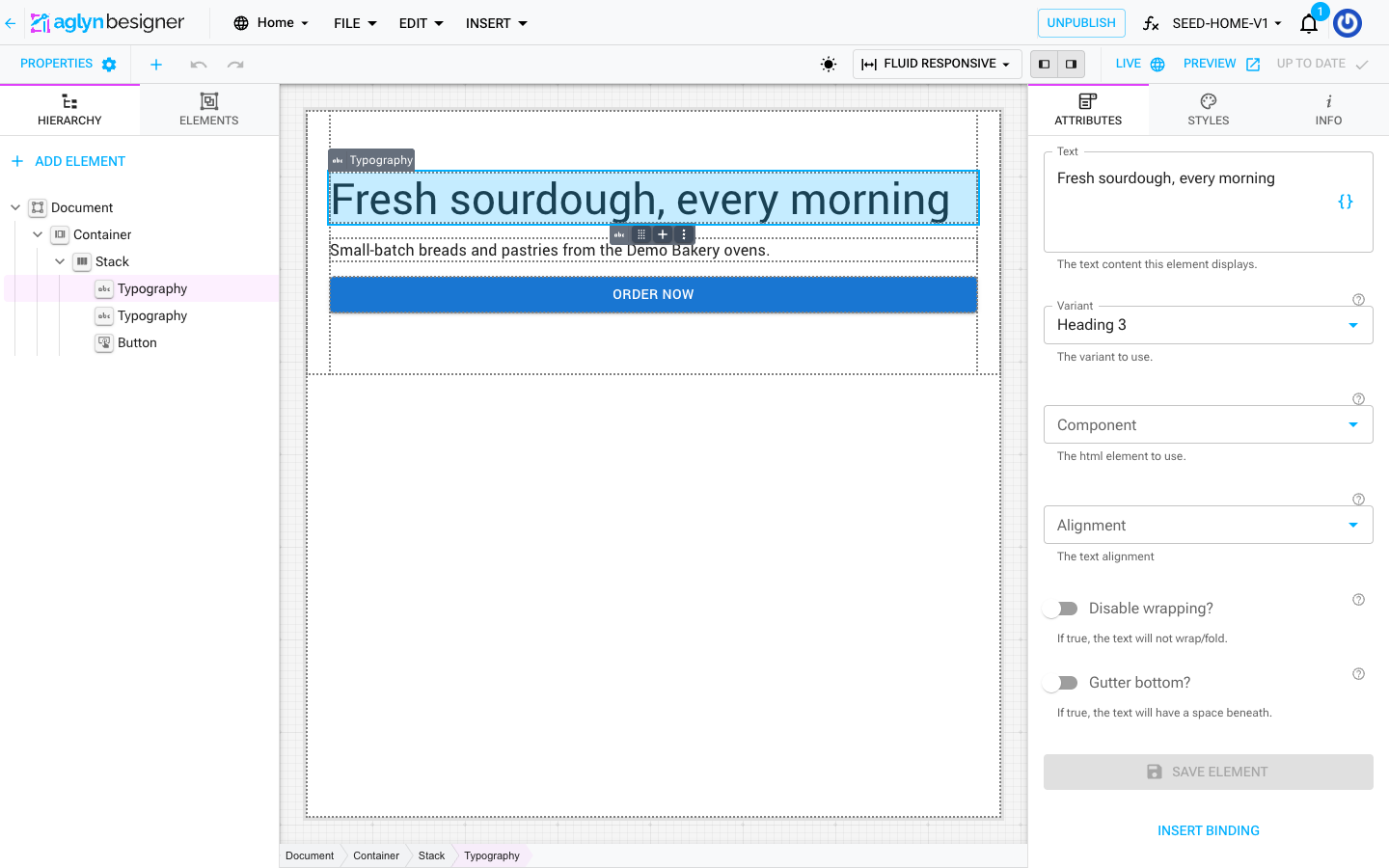 A selected Typography element with its inline toolbar