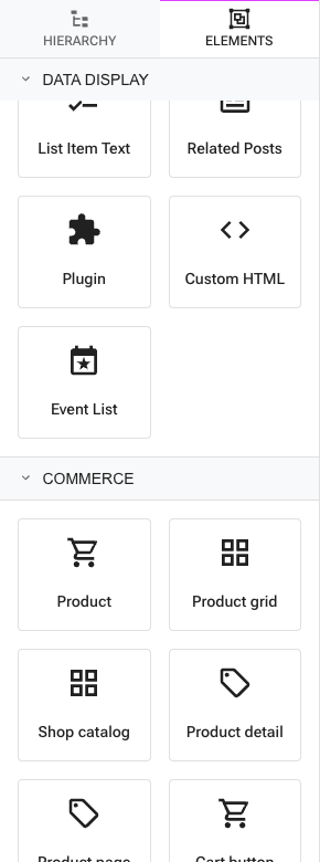 The Choose element picker open on the Commerce group with Product grid, Product detail, Cart, and Customer account blocks