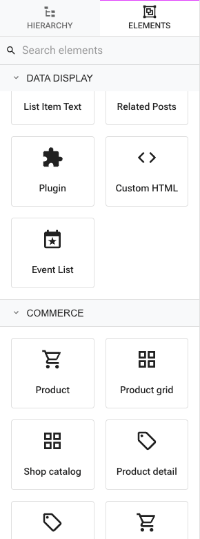 The Choose element picker open on the Commerce group with Product grid, Product detail, Cart, and Customer account blocks