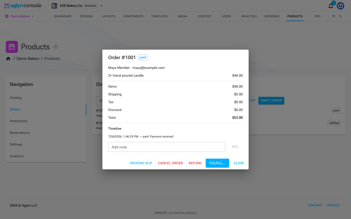 The order detail dialog with line items, totals, timeline, and the Fulfill and Refund actions