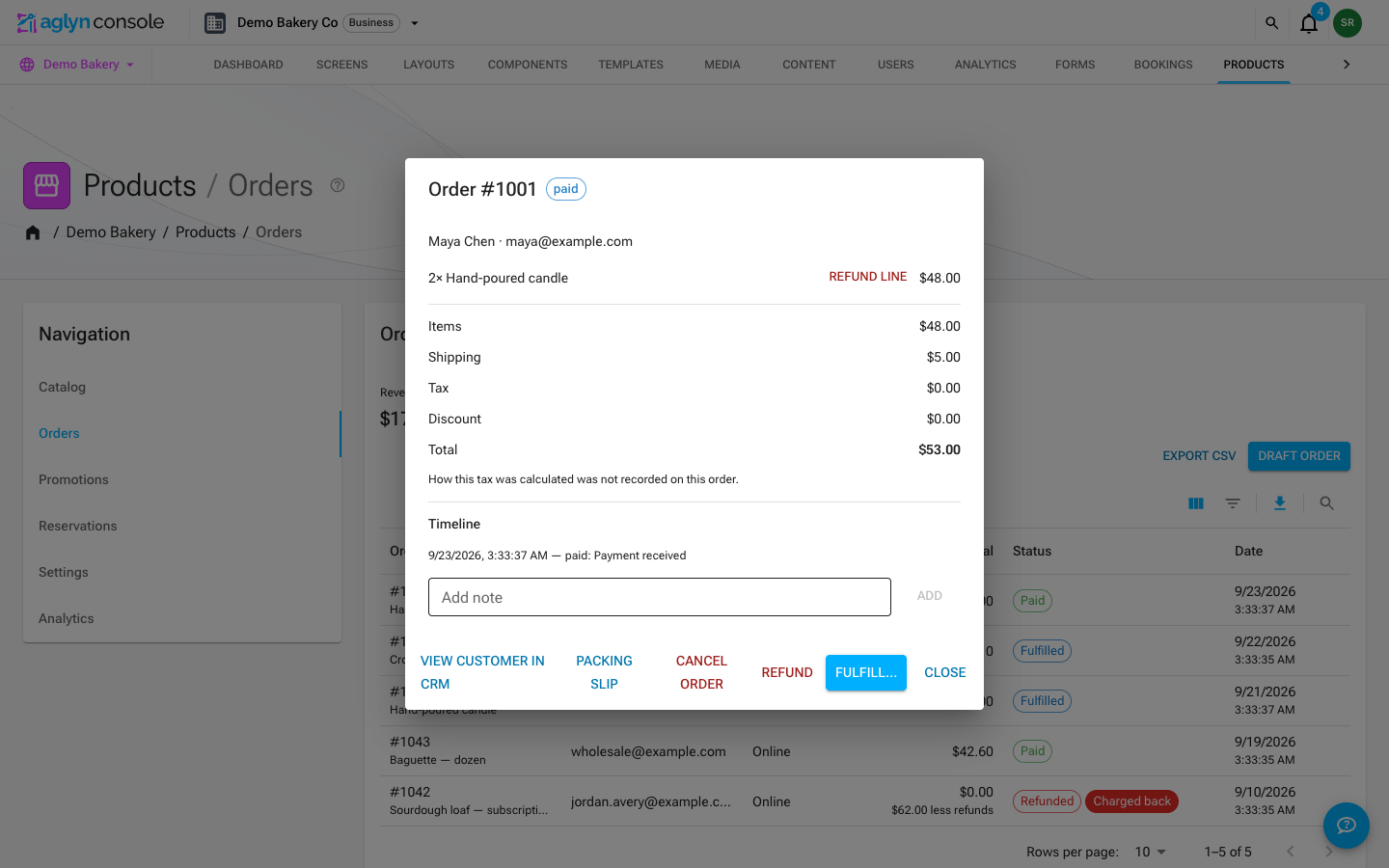 The order detail dialog with line items, totals, timeline, and the Fulfill and Refund actions