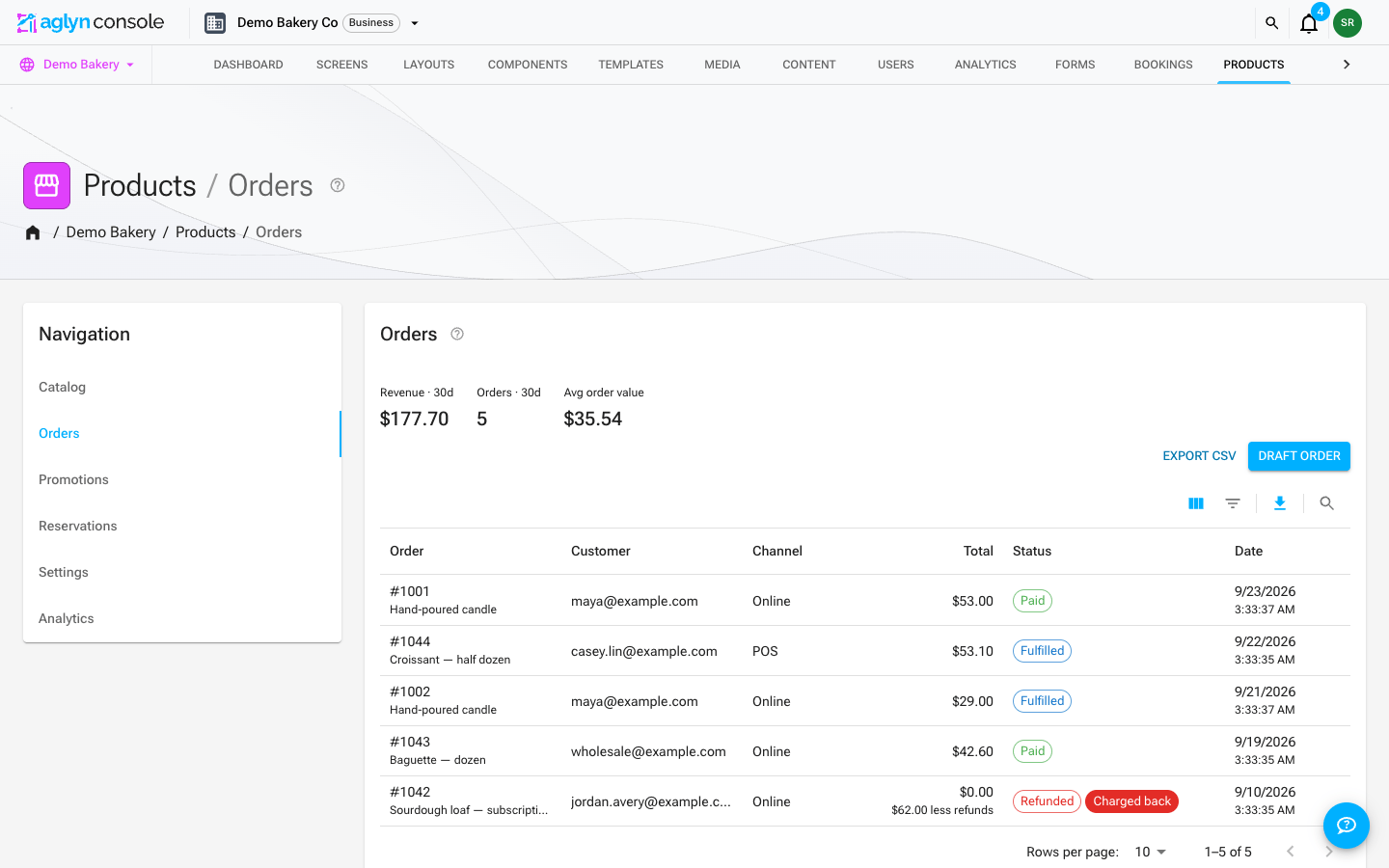 The Orders tab with seeded orders showing order numbers, status chips, totals, and filters