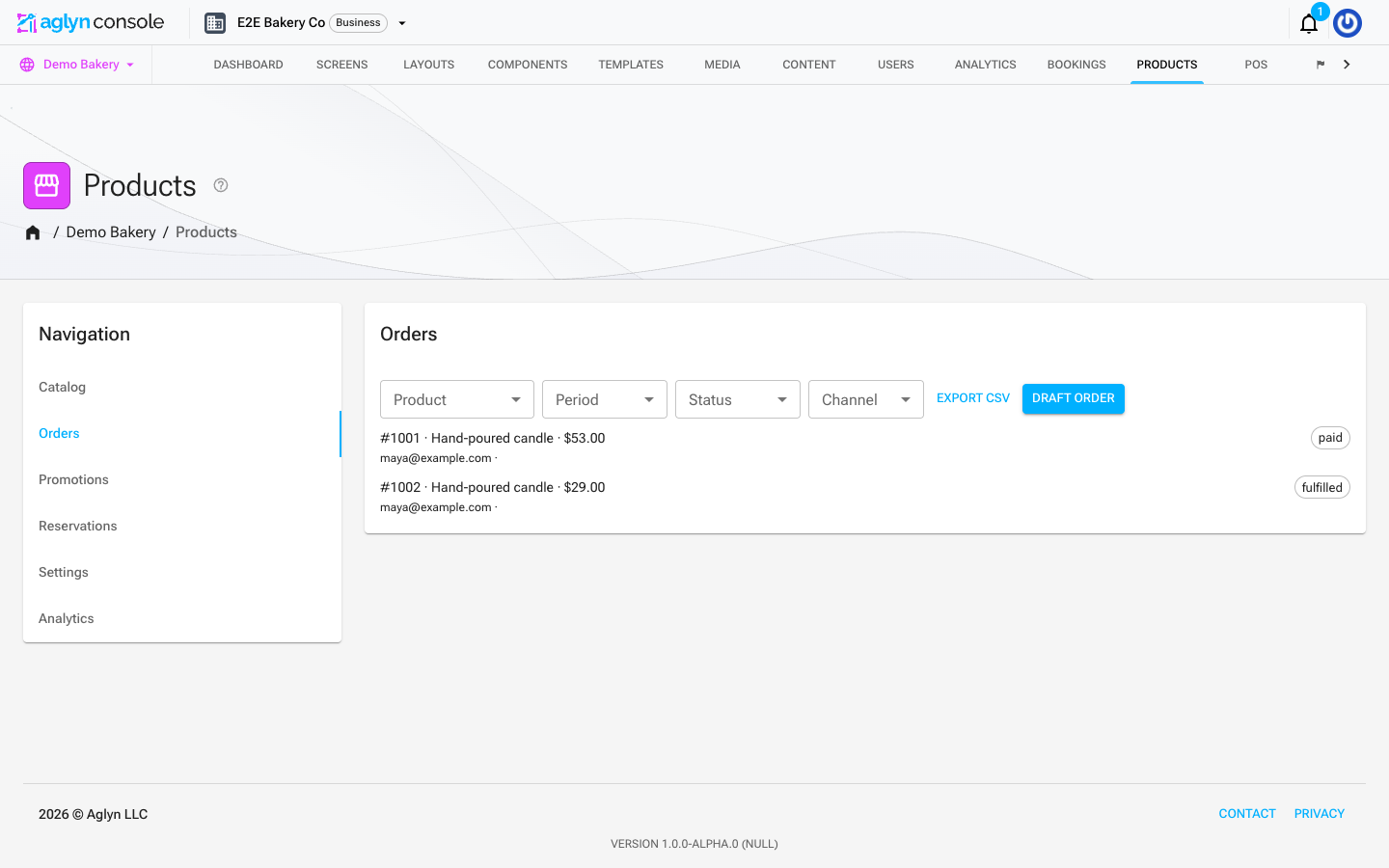 The Orders tab with seeded orders showing order numbers, status chips, totals, and filters
