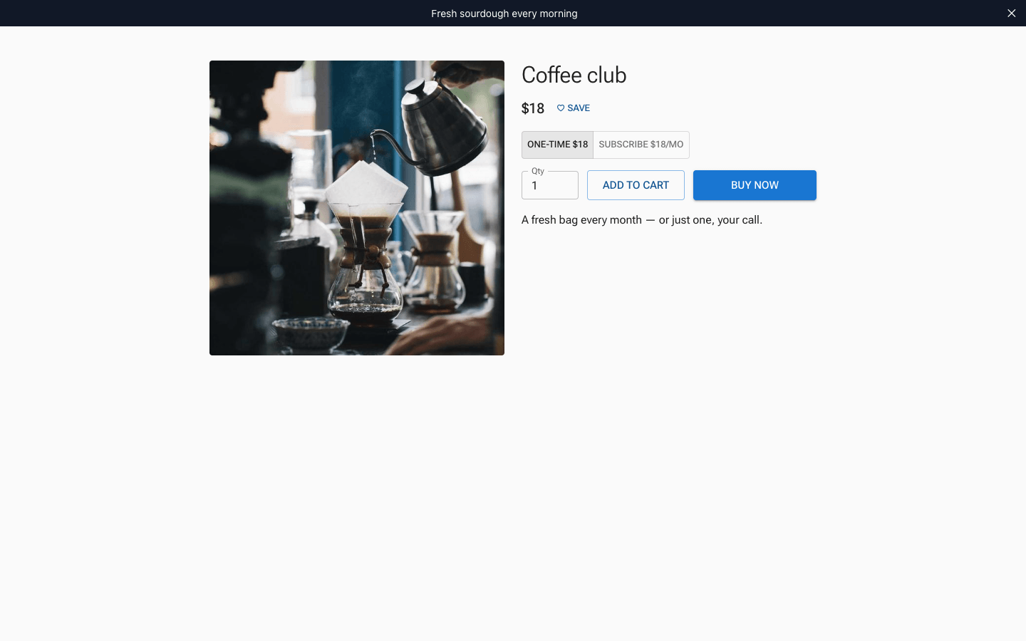 A live product page rendered through the template page: gallery, variant picker, one-time vs subscribe toggle, and Add to cart
