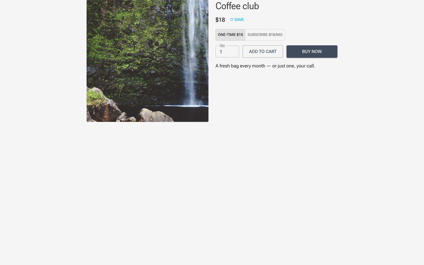 A live product page rendered through the template screen: gallery, variant picker, one-time vs subscribe toggle, and Add to cart