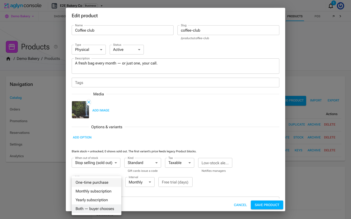 The product editor dialog with the Billing select open, showing One-time purchase, Monthly subscription, Yearly subscription, and Both — buyer chooses