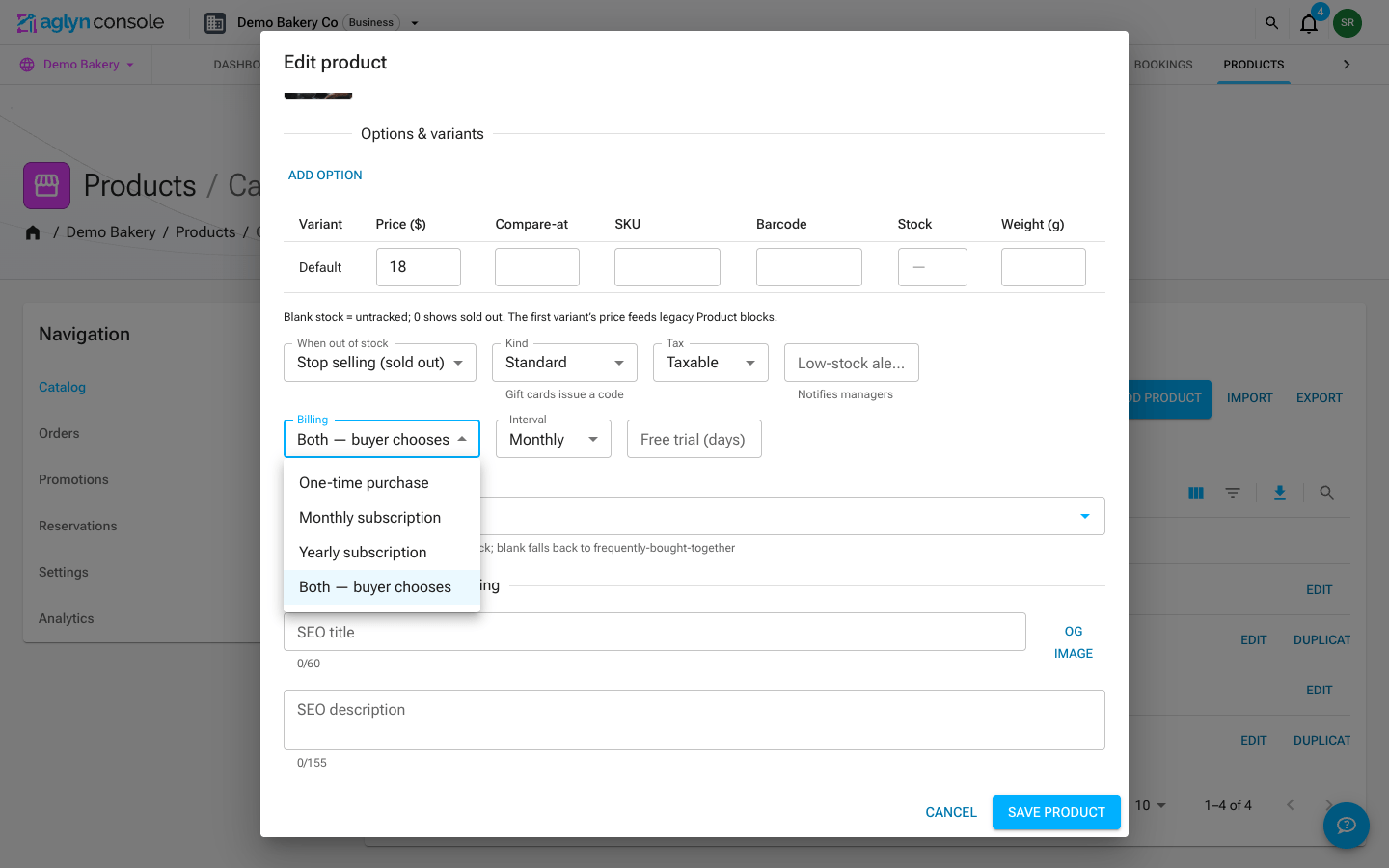 The product editor dialog with the Billing select open, showing One-time purchase, Monthly subscription, Yearly subscription, and Both — buyer chooses