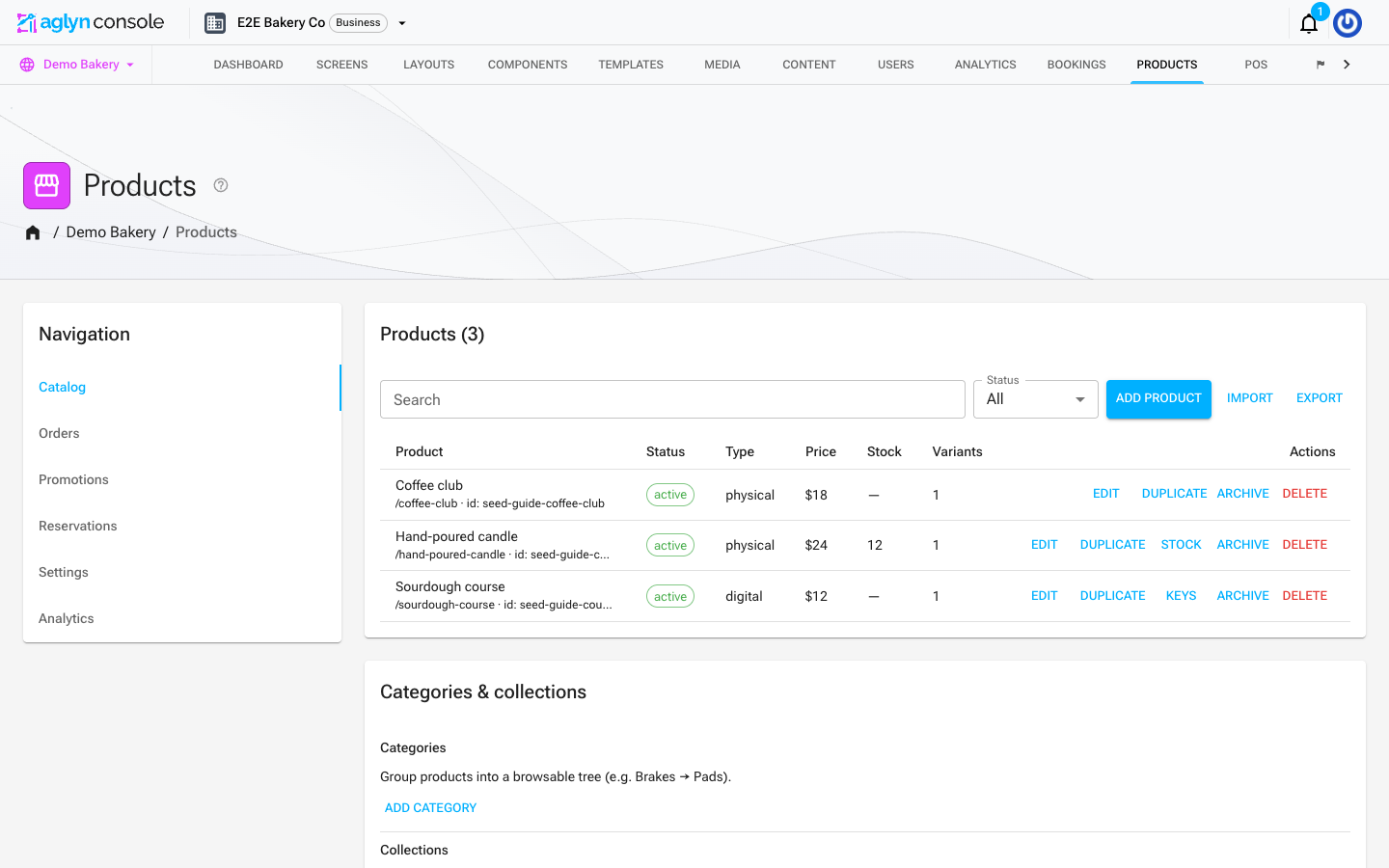 The Products hub catalog tab listing the demo products with price, stock, and status