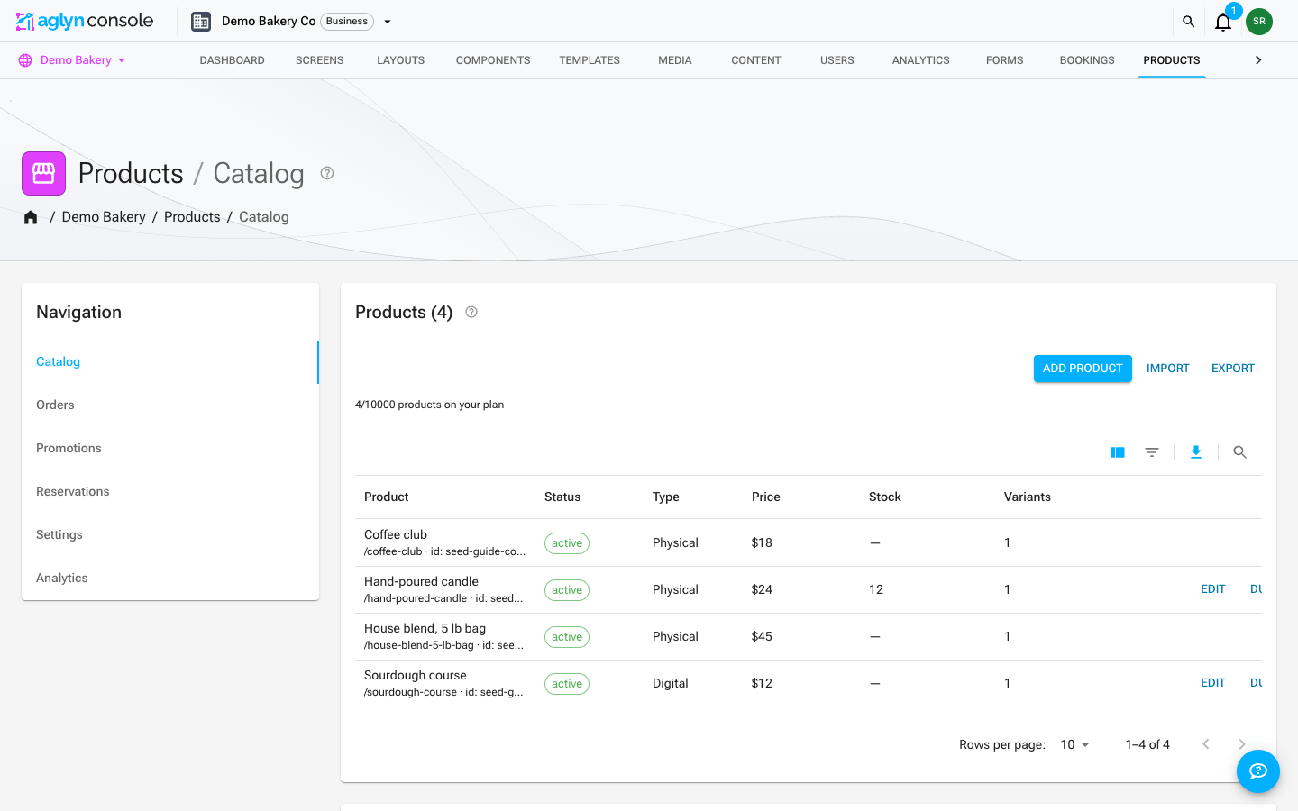 The Products hub catalog tab listing the demo products with price, stock, and status