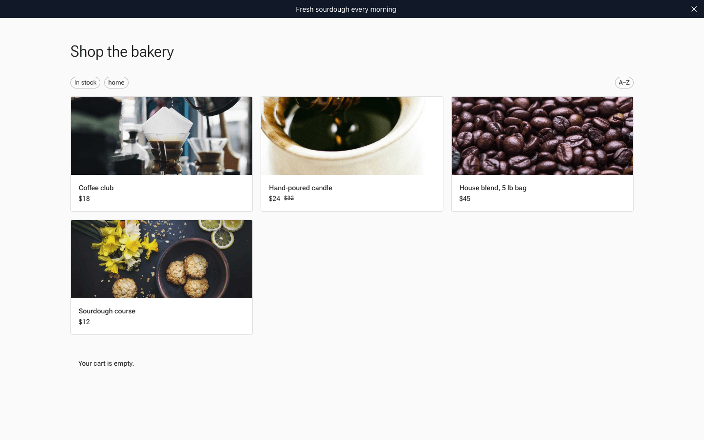 A storefront page on the live site showing the product grid with prices and a sale badge
