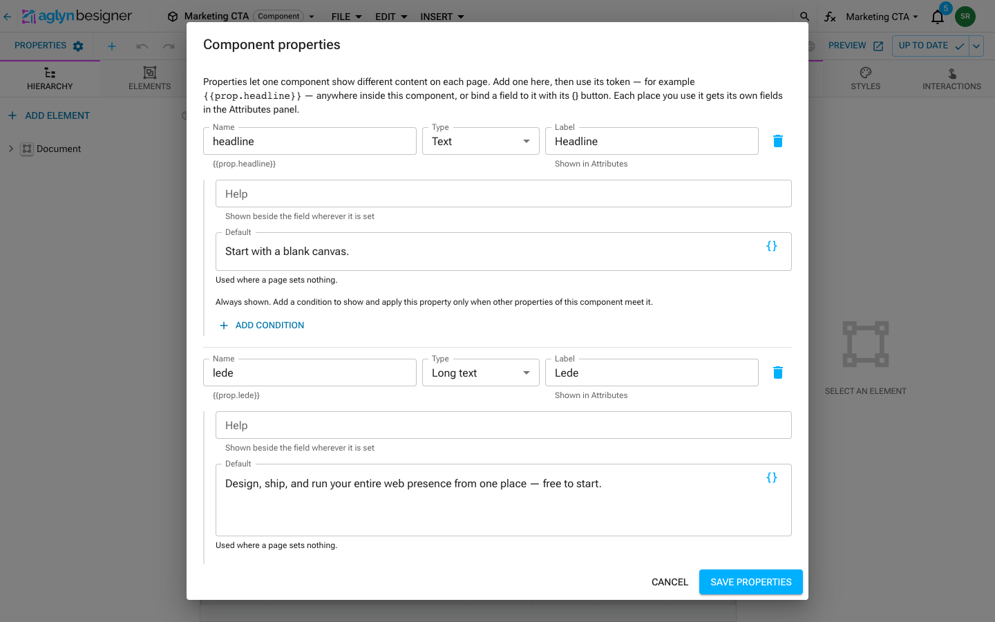 The Component properties dialog with two properties declared