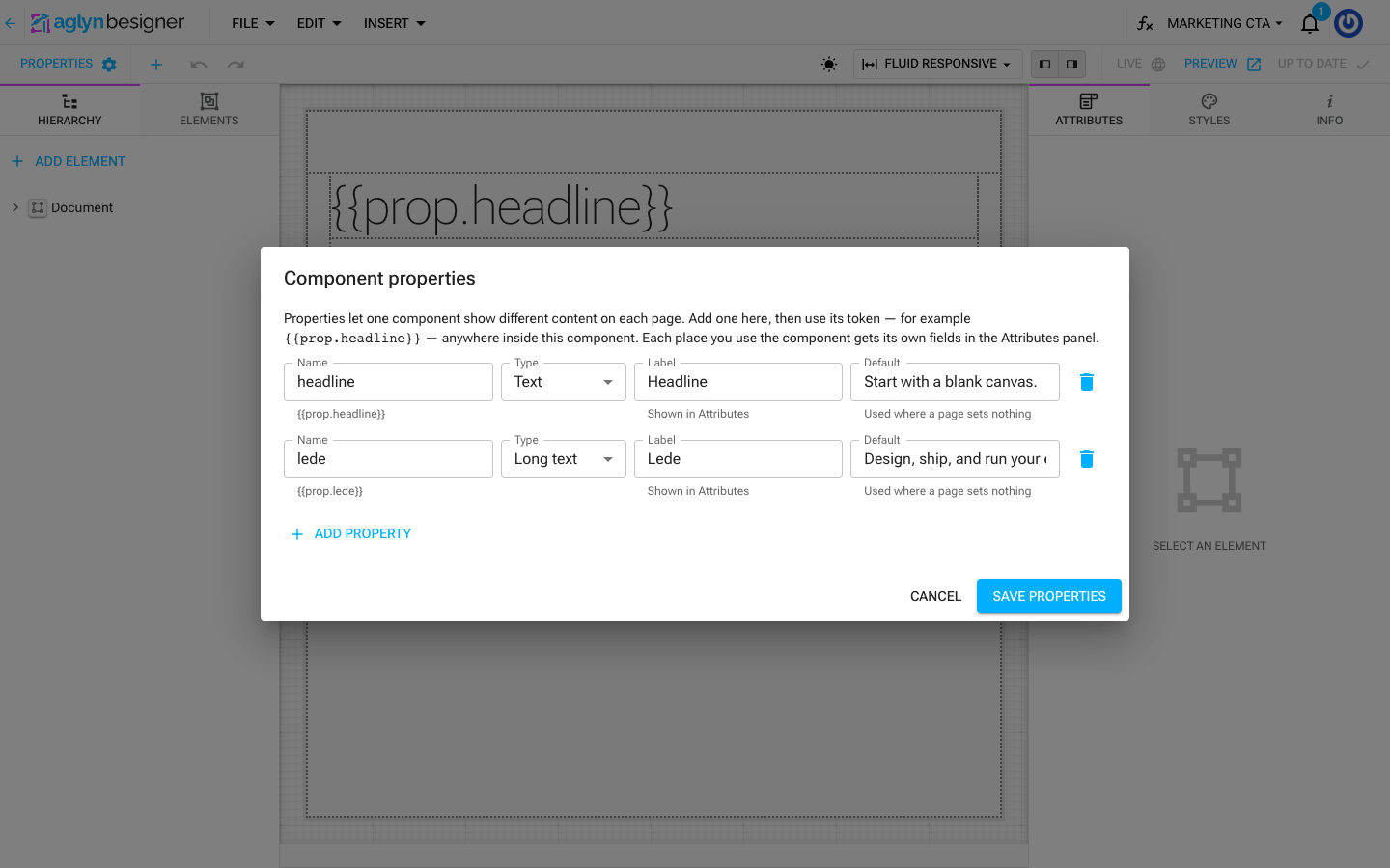 The Component properties dialog with two properties declared