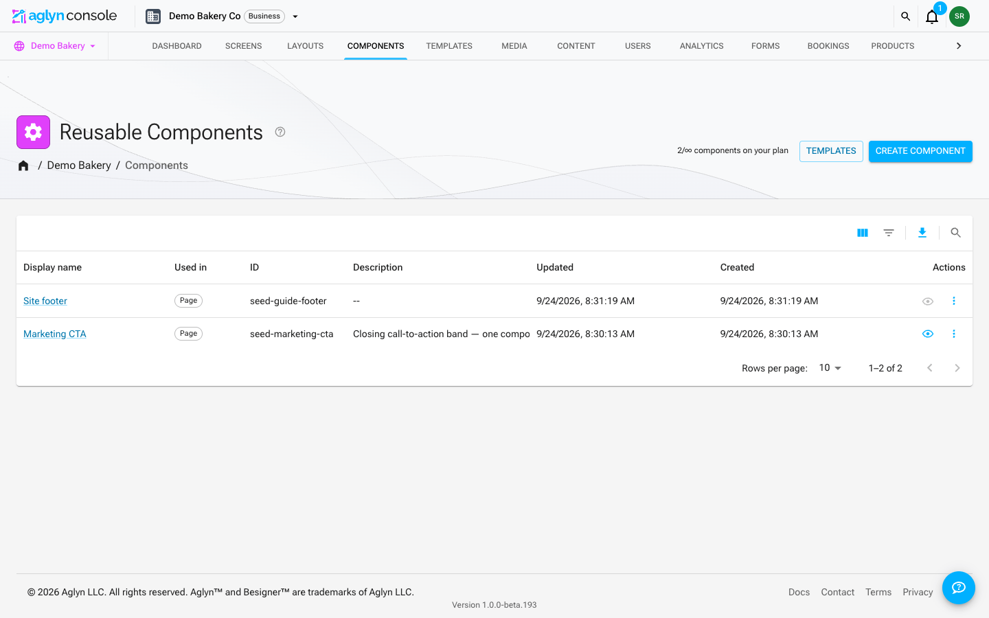 The site's Reusable Components page: the components table with Display name, Used in, ID, Description, Updated and Created columns, under the table's Columns, Filters, Export and Search controls