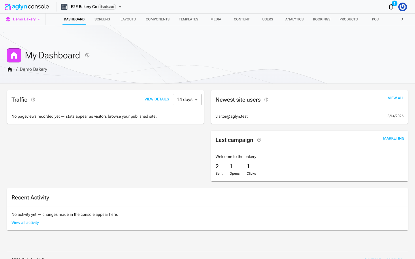 The site dashboard: a Traffic card with its 14-day range picker, a Newest site users card, a Last campaign card counting sends, opens and clicks, and the Recent Activity feed across the bottom