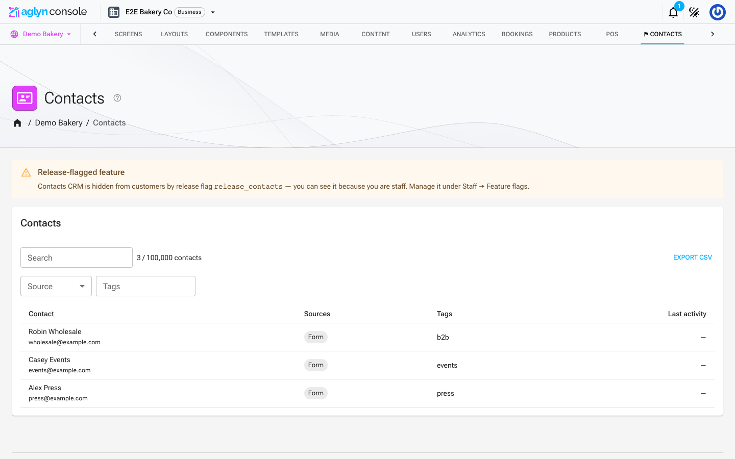 The Contacts page in the Aglyn console, with search, Source and Tags filters, and an Export CSV action