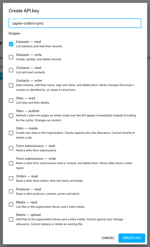 The Create API key dialog with a descriptive name typed and the Datasets — read scope ticked, showing every available scope