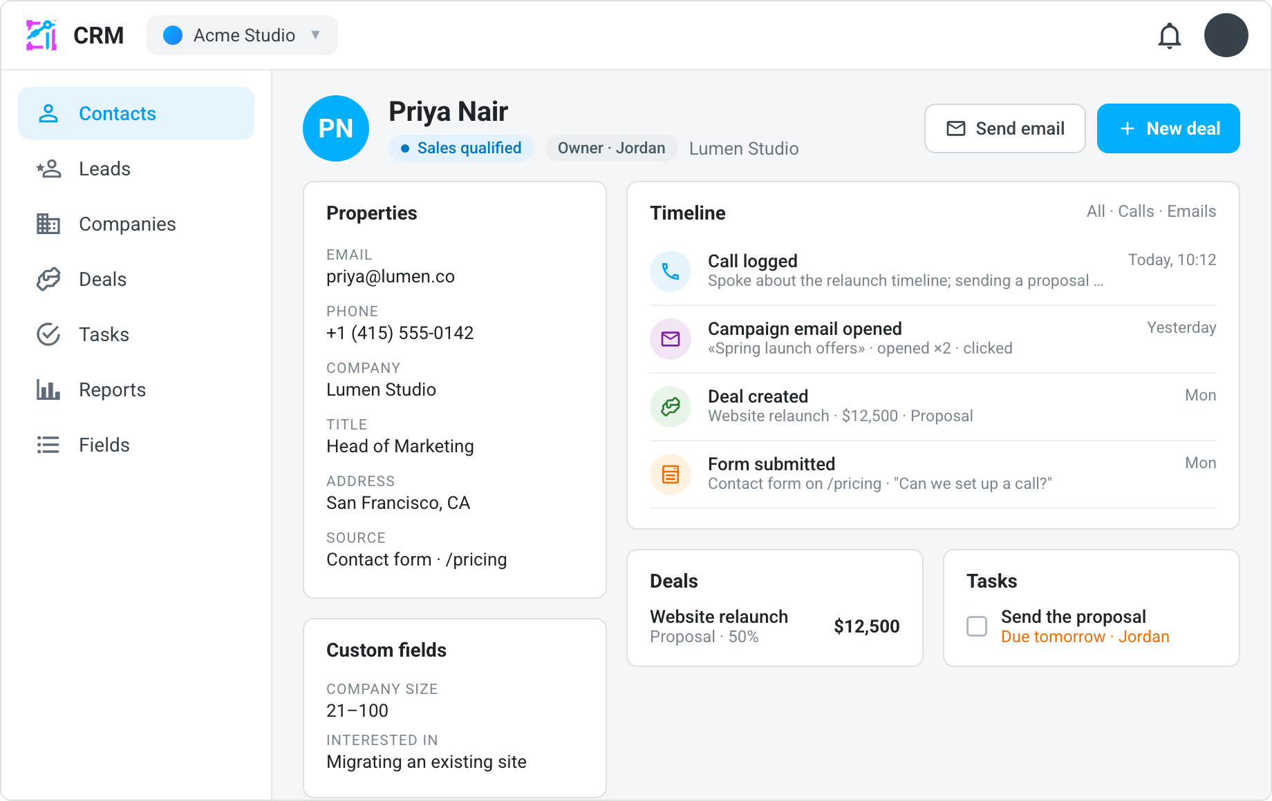 A contact record in the CRM: the header with the person's name, stage and owner, and the Properties, Custom fields, Timeline, Deals and Tasks cards