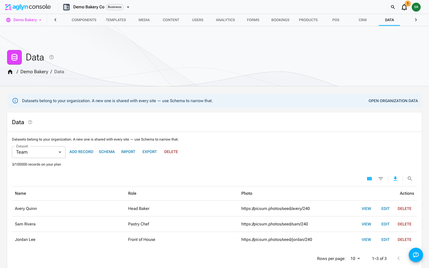 The Data page in the Aglyn console: an organization-shared dataset's records table under the grid's Columns, Filters, Export and Search controls, below the Add record, Schema, Import and Export actions