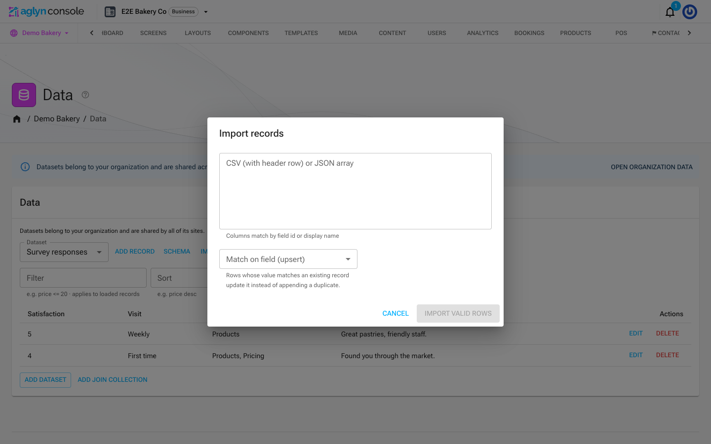 The Import records dialog with the CSV/JSON textarea and the Match on field upsert select