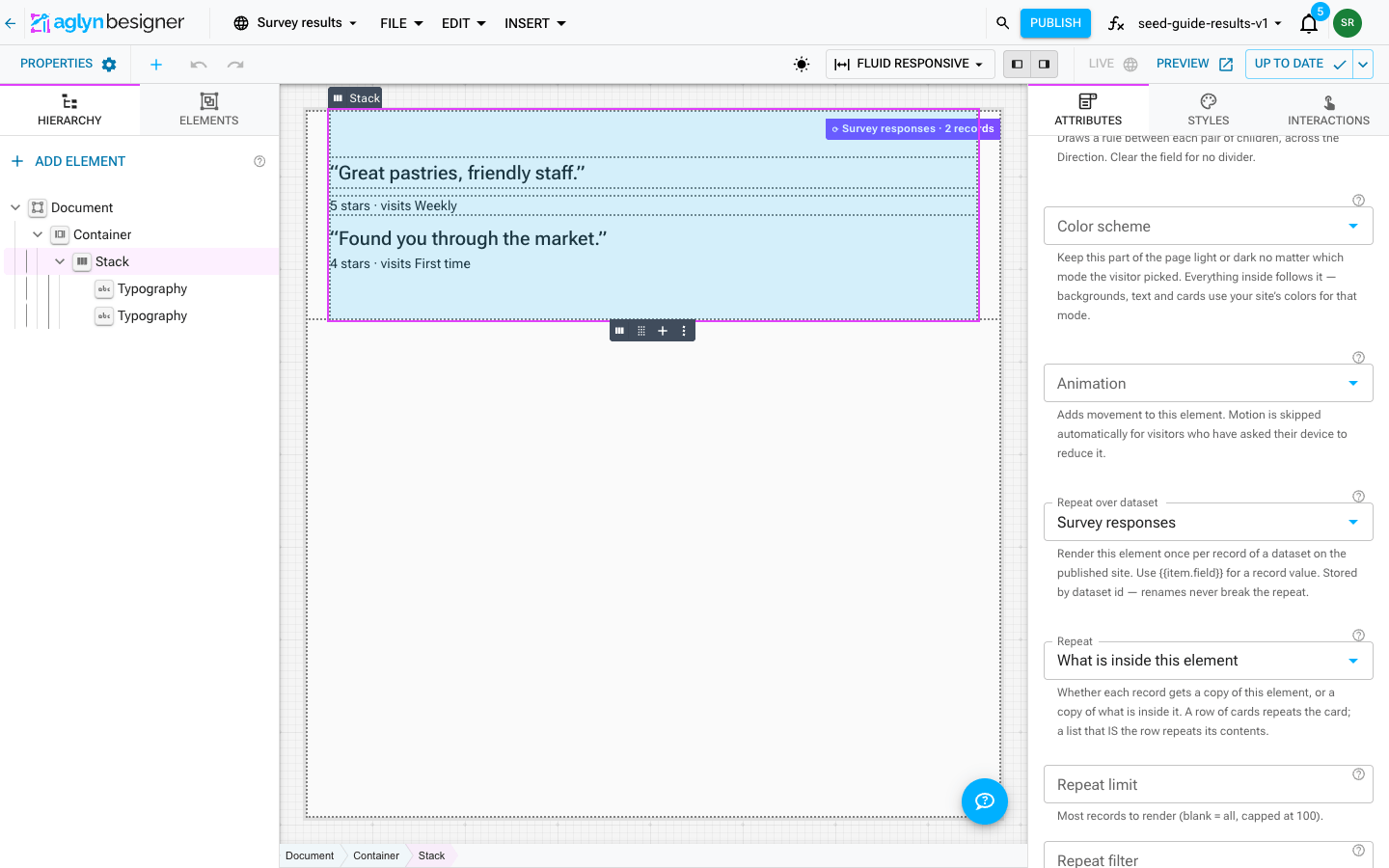 A Stack selected in the Besigner: its canvas badge names the Survey responses dataset and the record count, and the inspector's Repeat over dataset field is set to Survey responses, with Repeat limit, filter and sort below it