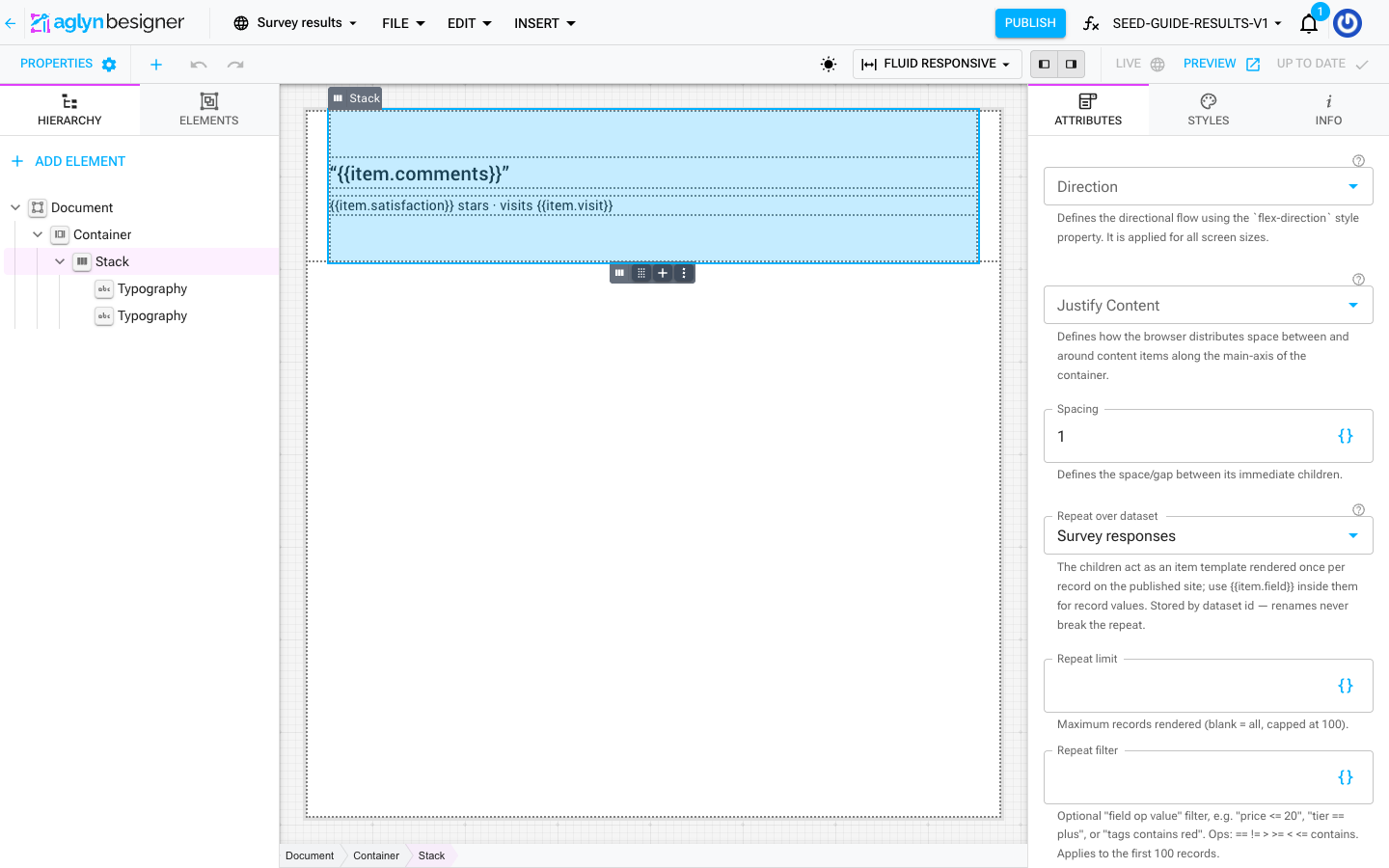 A Stack selected in the Besigner with its Repeat over dataset, Repeat limit, and Repeat filter properties shown in the inspector