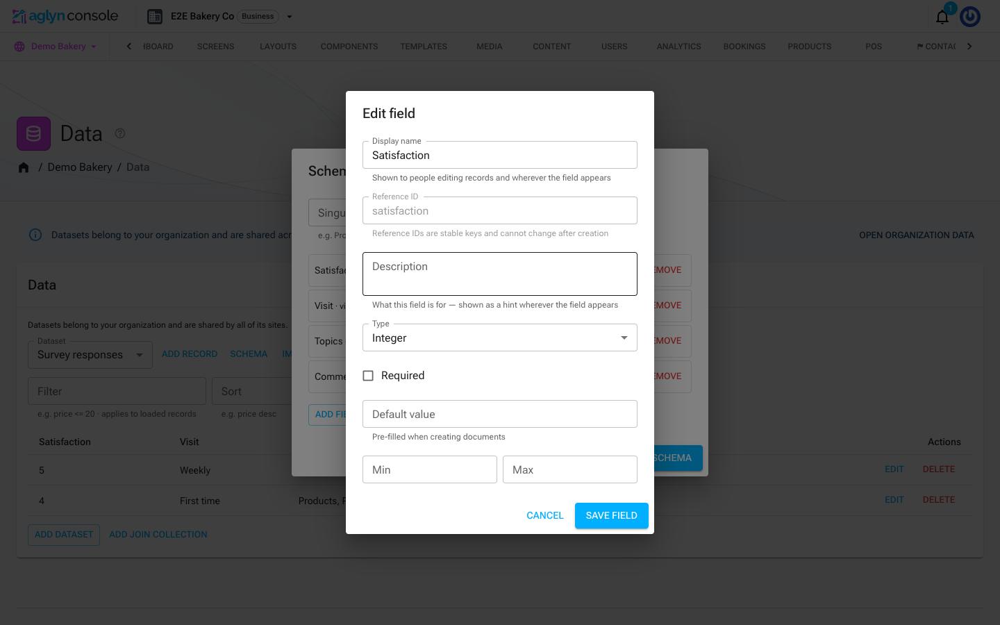 The schema dialog's field editor with Display name, Description, Type, Required, and Default value inputs