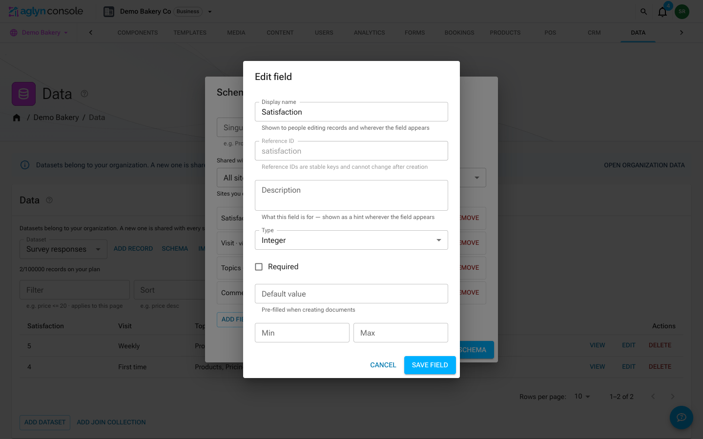 The schema dialog's field editor with Display name, Description, Type, Required, and Default value inputs