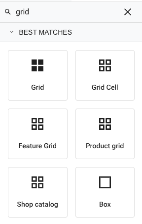 The Elements panel searched for "grid", showing a single Best matches list with Grid first and elements matched on their description below it