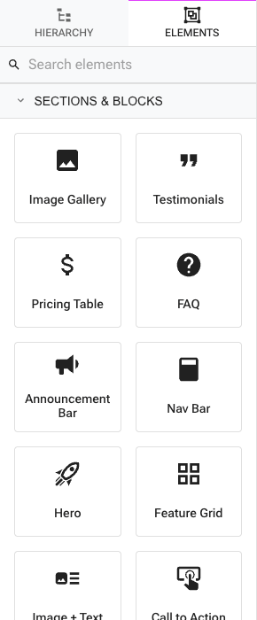 The Besigner elements drawer, with the Sections &amp; Blocks library at the top of the list