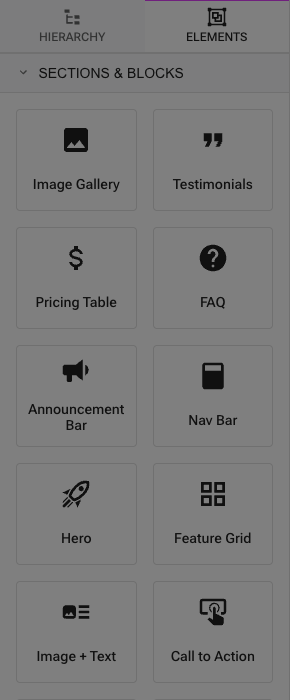The elements drawer, open on its first category, Sections & Blocks. The Search Box is further down, under Forms