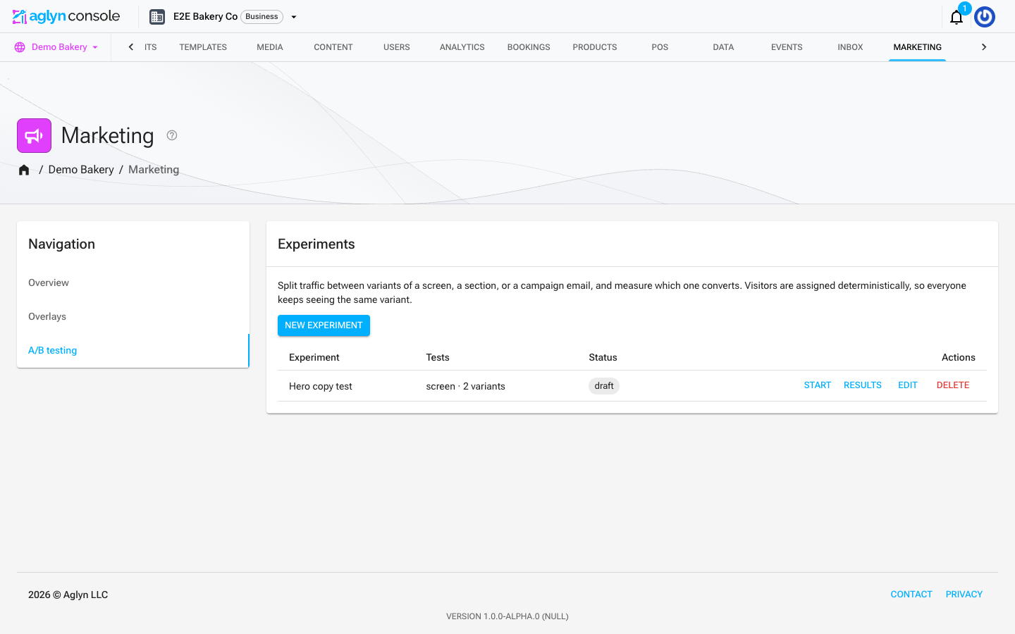 The A/B testing tab with a draft experiment