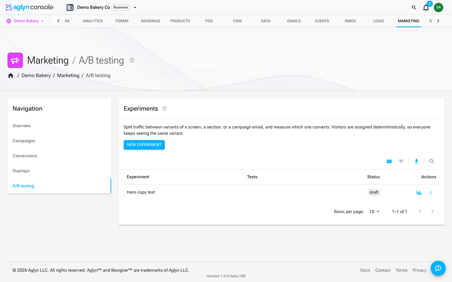 The A/B testing tab with a draft experiment