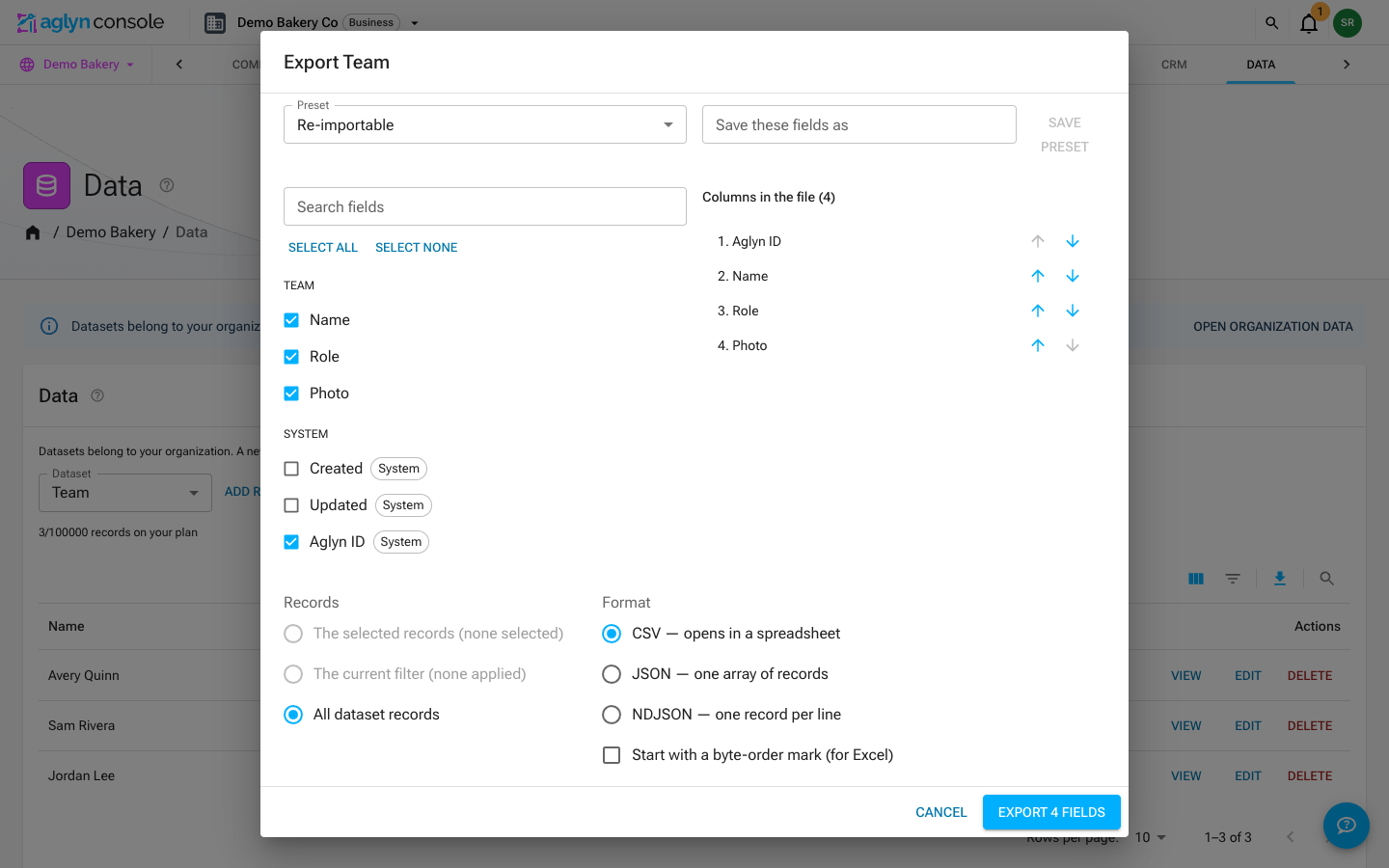 The export dialog: a preset, the searchable list of fields to tick and order, the records and the format