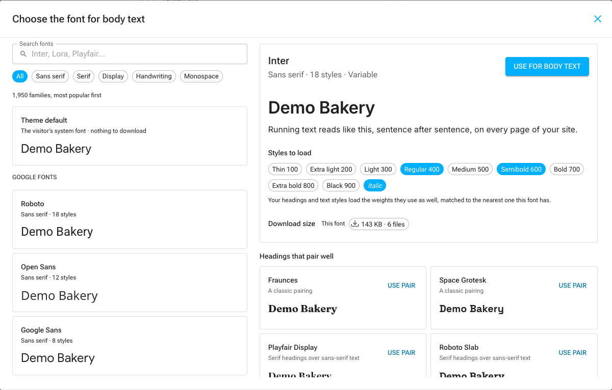 The font browser, with a font's styles, download size and pairings