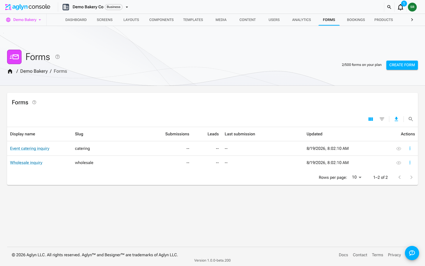 The site's Forms list: a table of forms with their display name, slug, submissions, leads, last submission and updated date, and an Actions column, under the Columns, Filters, Export and Search controls