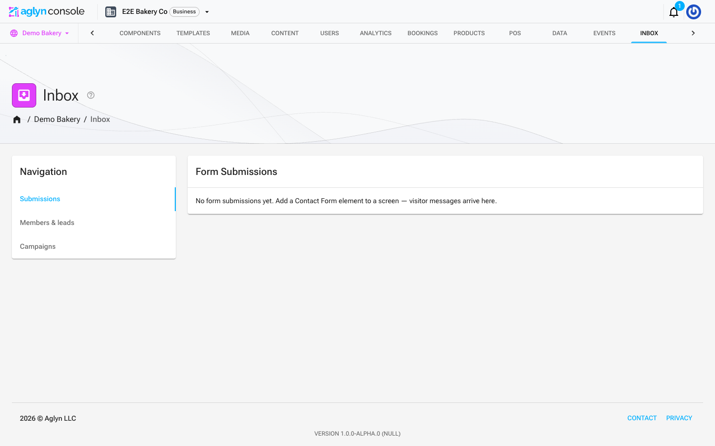 The Inbox page in the Aglyn console, with Form Submissions, Site Members &amp; Leads, Orders, and Email campaigns sections