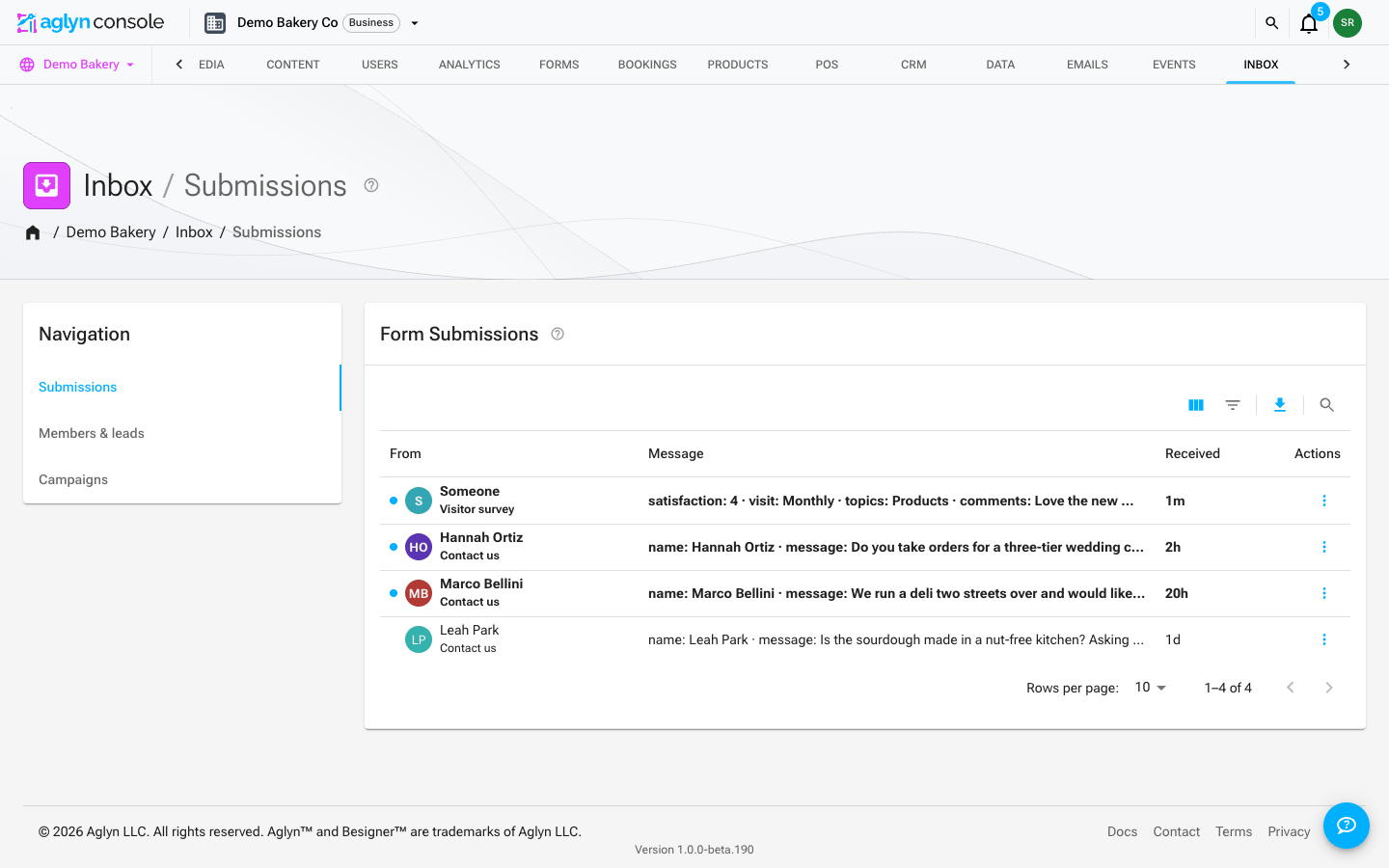 The Inbox page in the Aglyn console, with its Submissions, Members & leads, and Campaigns sections