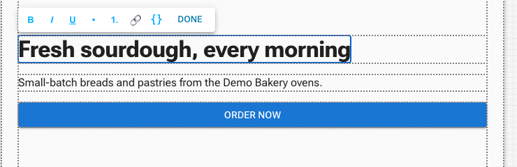 A heading being edited directly on the canvas, with a small floating toolbar above it and no selection outline around it