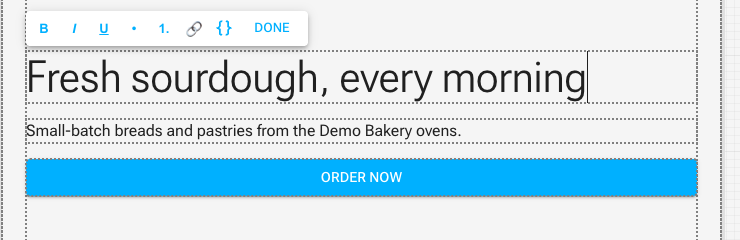 A heading being edited directly on the canvas, with a small floating toolbar above it and no selection outline around it
