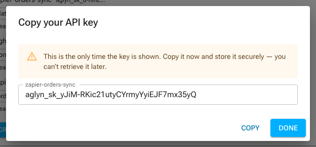 A newly created API key shown once in full, with a copy button and a warning that it will not be shown again